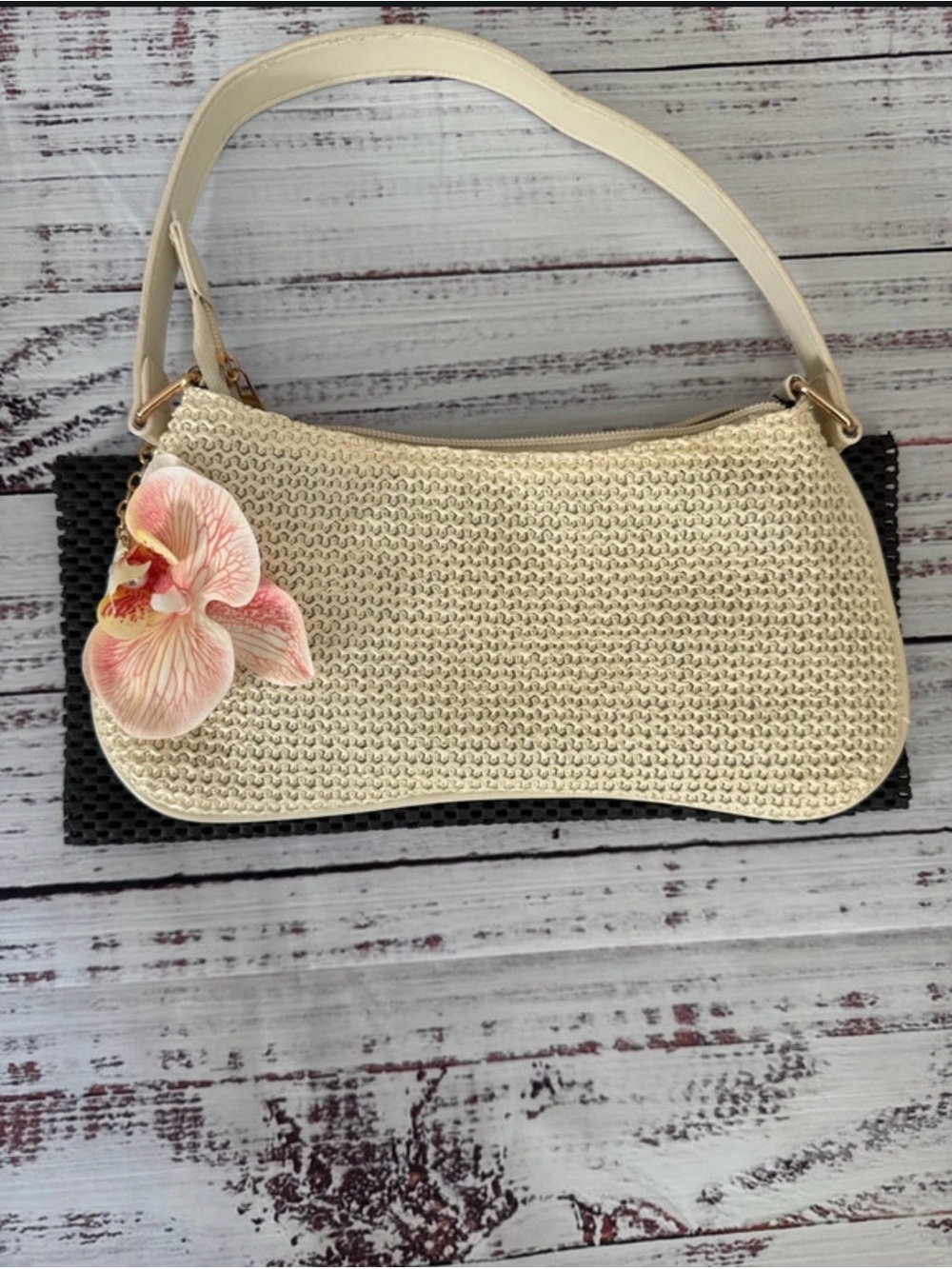 Woven Cream Shoulder Bag with Smooth Strap